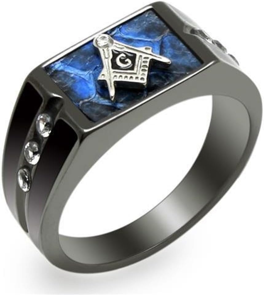 Vip Jewelry Co Men's Blue Agate CZ Stainless Steel Masonic Lodge Freemason Ring Size 8-14