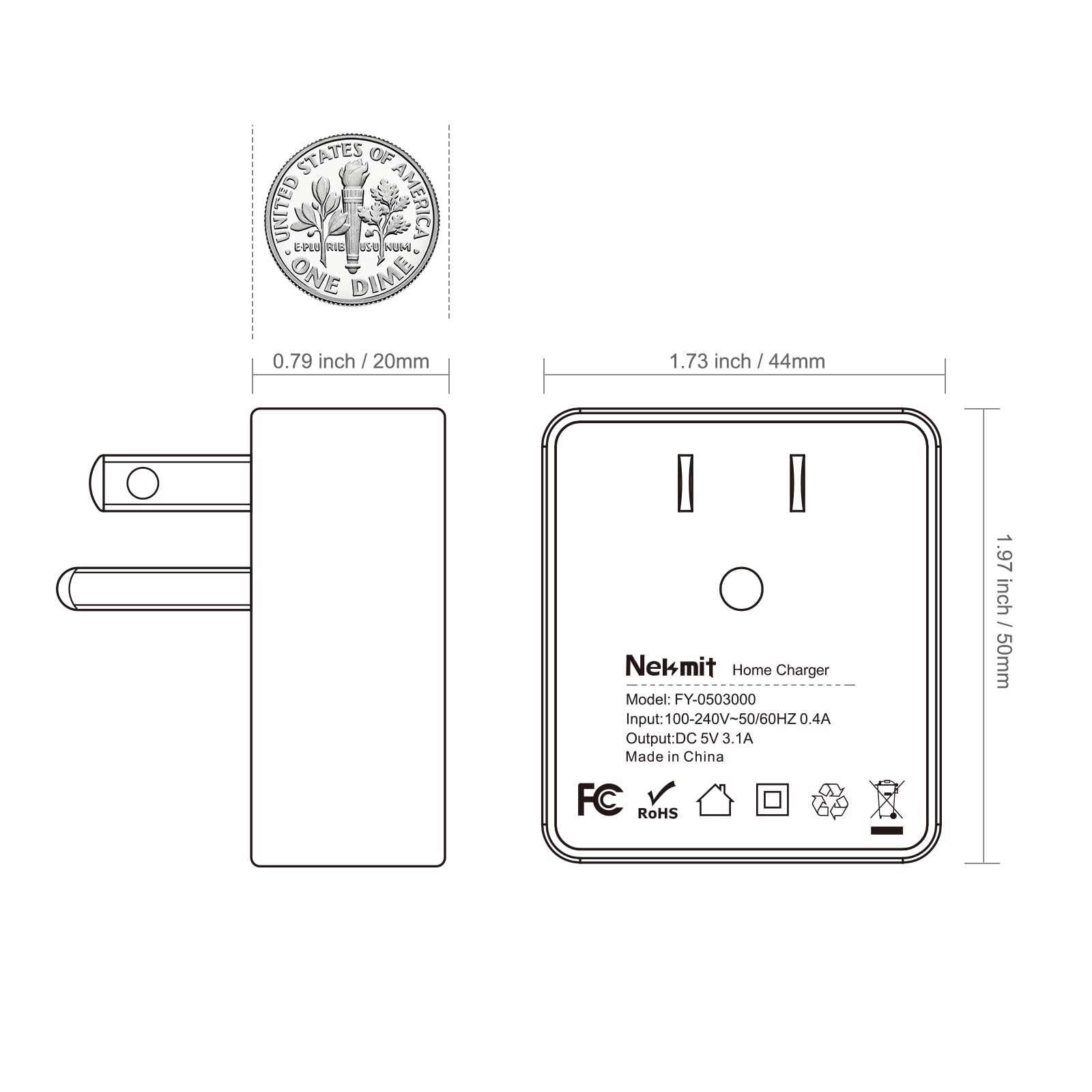 Nekmit Dual Port Ultra Thin Flat USB Wall Charger with Smart IC, White