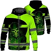 Maddly Hi Vis Reflective Zip Up Hoodie, High Visibility Safety Jacket with Skull Design for runner, worker, trucker, cyclist