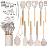 Umite Chef Kitchen Cooking Utensils Set, 33 pcs Non-Stick Silicone Cooking Kitchen Utensils Spatula Set with Holder, Wooden H