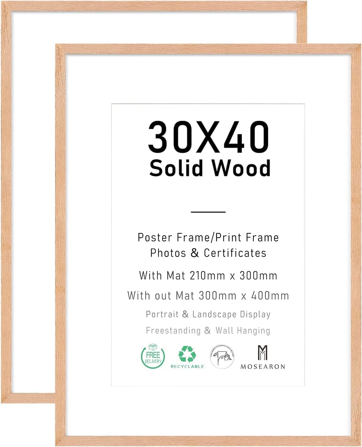 30x40cm Certificate Picture Frame,OAK Wood Photo Frame with mount for A4 or 4-4x6 print,Poster Frame with plexiglass for Wall Mount Display,Set of 2