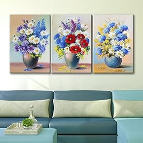 3 Panel Canvas Wall Art - Oil Painting Style Blue Flowers in Vases - Giclee Print Gallery Wrap Modern Home Art Ready to Hang - 16"x24" x 3 Panels