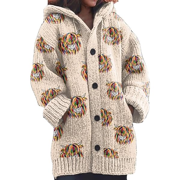 トップス BEDJ.W.FORD COW CARDIGAN Womens Highland Cow Print Knitted Cardigan Casual Highland
