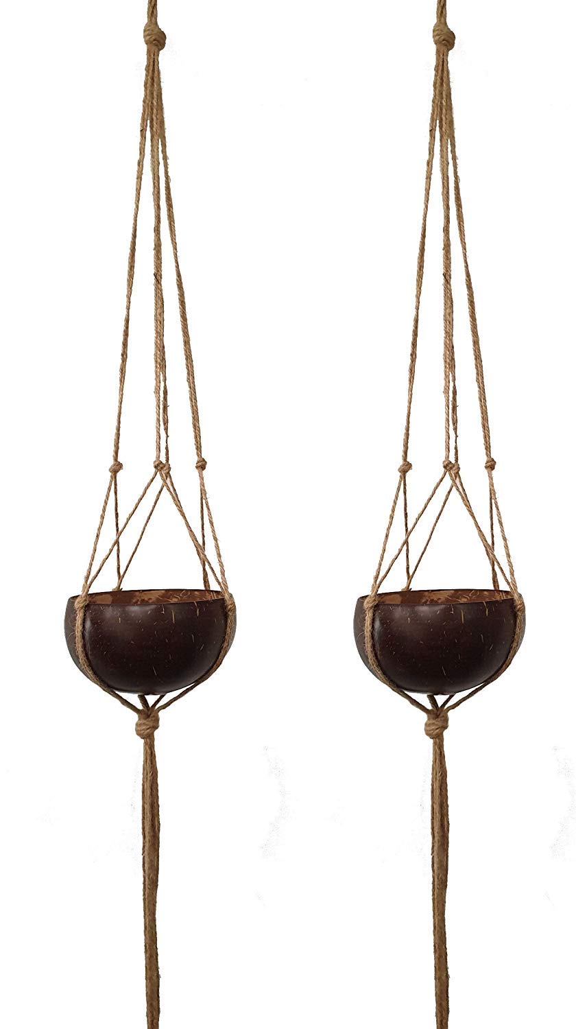 VIE Naturals Pair Of Beautiful Coconut Shell Pot Holders, each with a Sturdy Jute Macrame Style Hanging Rope Set of 2