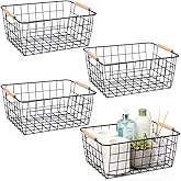 HDYOUDO Metal Wire Food Storage Basket Organizer with Wooden Handles for Organizing Kitchen Cabinets, 4 Packs-Black