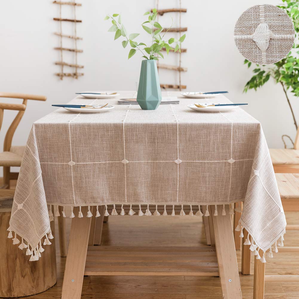 SUNBEAUTY Table Cloth Cotton Linen Checked 140x180 Wipe Clean Tablecloth Rectangular Beige with Tassel Fringe for Kitchen Dining Table Decorations - 55x70 inch