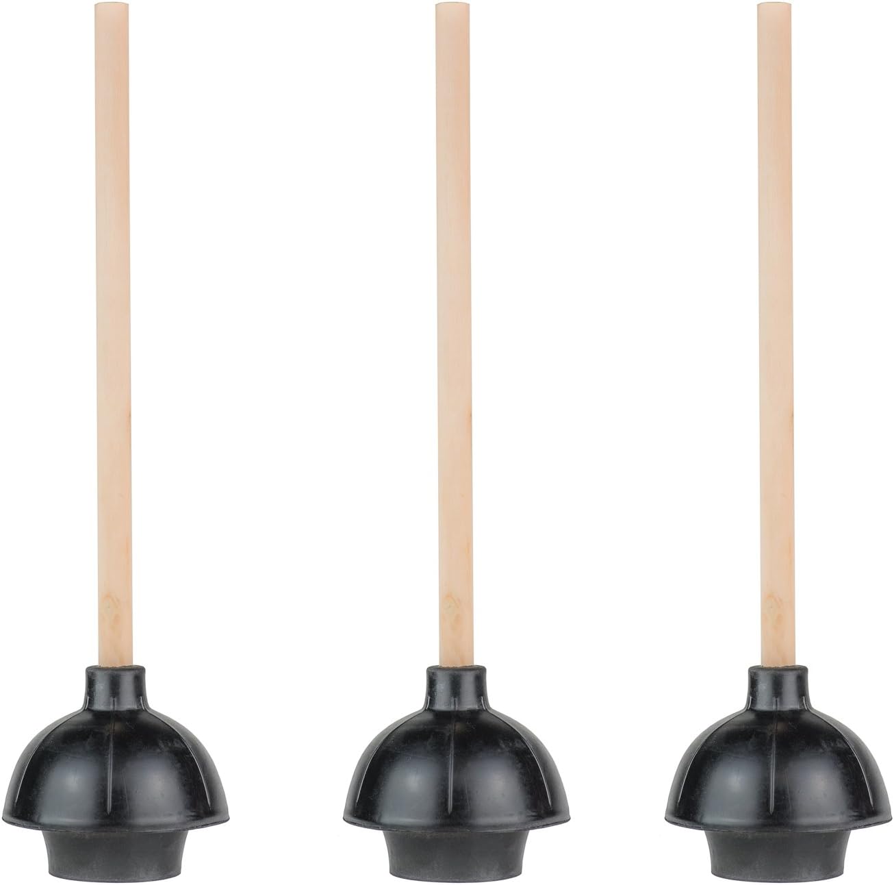 SteadMax Rubber Toilet Plunger, Double Thrust Force Cup, Heavy Duty, Commercial Grade with 18” Wood Handle (Pack of 3)