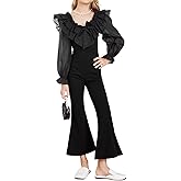 WDIRARA Girl's Ruffle Trim Square Neck Long Sleeve Flare Leg Jumpsuit High Waist Contrast Mesh Long Romper