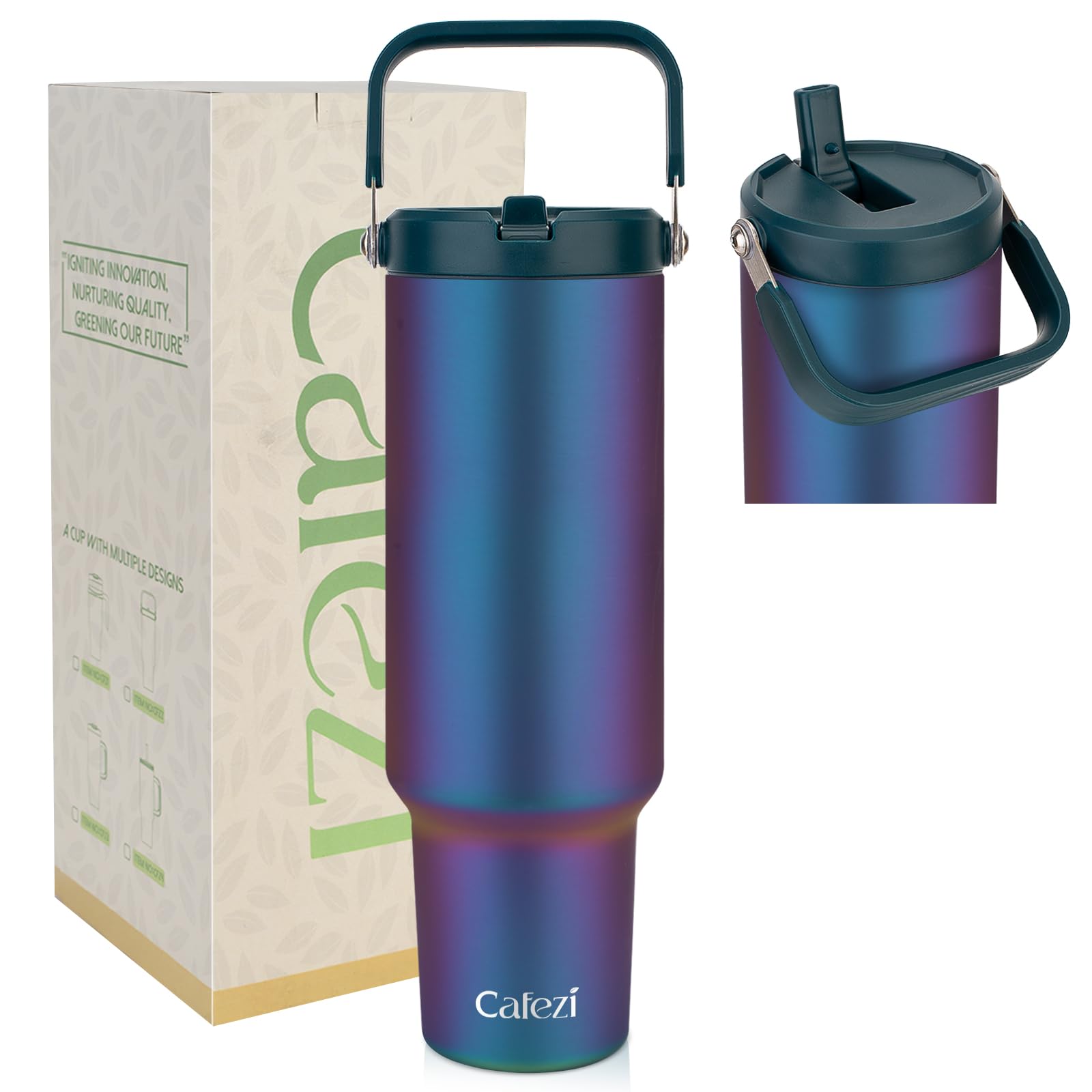 Photo 1 of *MISSING LID* Cafezi 50 oz Insulated Tumbler with Straw, Stainless Steel Water Bottles with Flip Straw and Top Handle, Leak Proof Flip, No Sweat, Fits in Cup Holder, Vacuum Insulated Cup for Home, Outdoors, Car