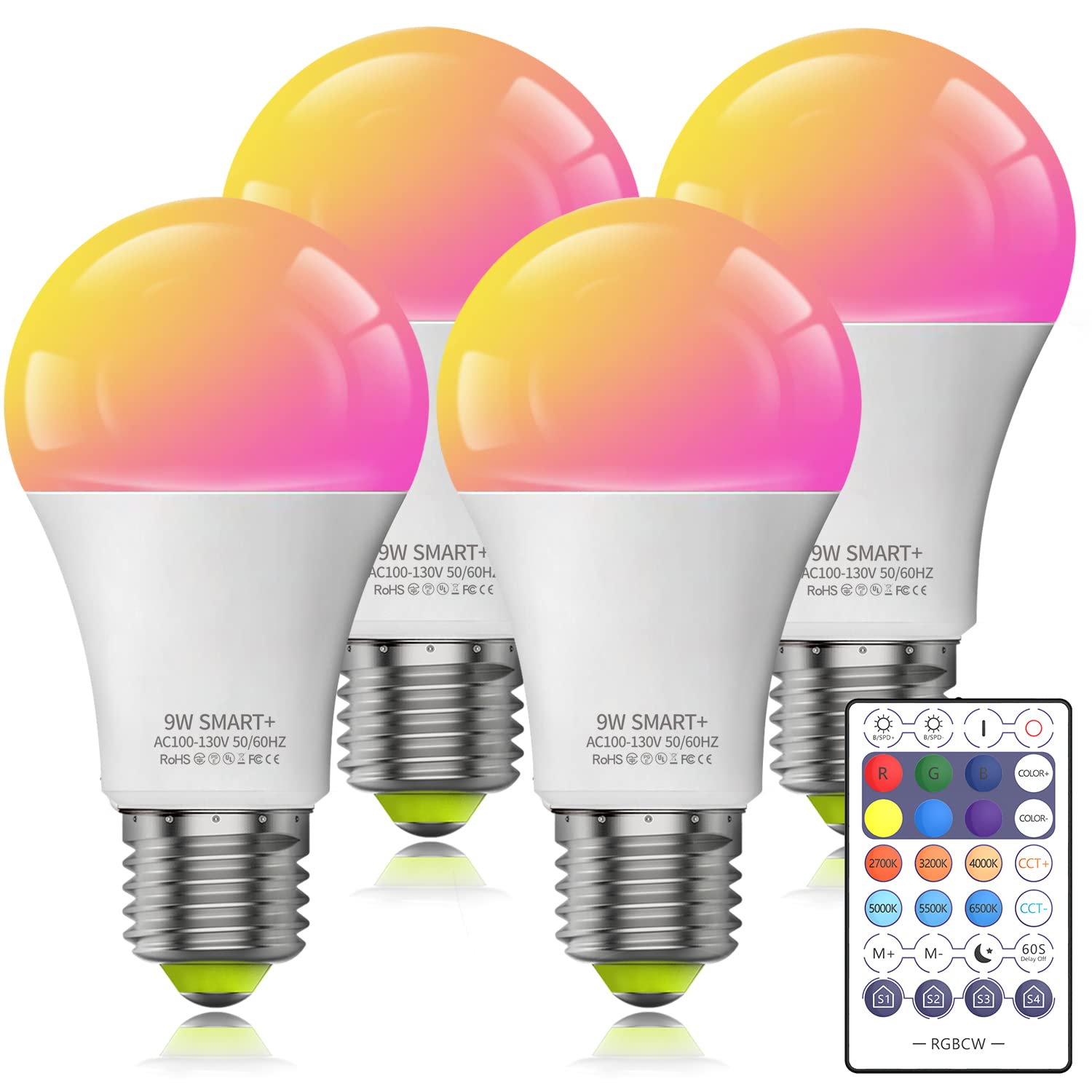 Smart WiFi LED Bulbs with Remote, RGBCW Color Changing Lights Bulb 9W A19 E26, Support Bluetooth, Works with Alexa Google Home Siri Shortcut, No Hub Required, 4 Pack