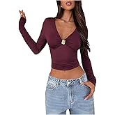 MakeMeChic Women's Deep V Neck Metal Decor Sexy Long Sleeve Crop Tops Ruched Y2k T Shirts