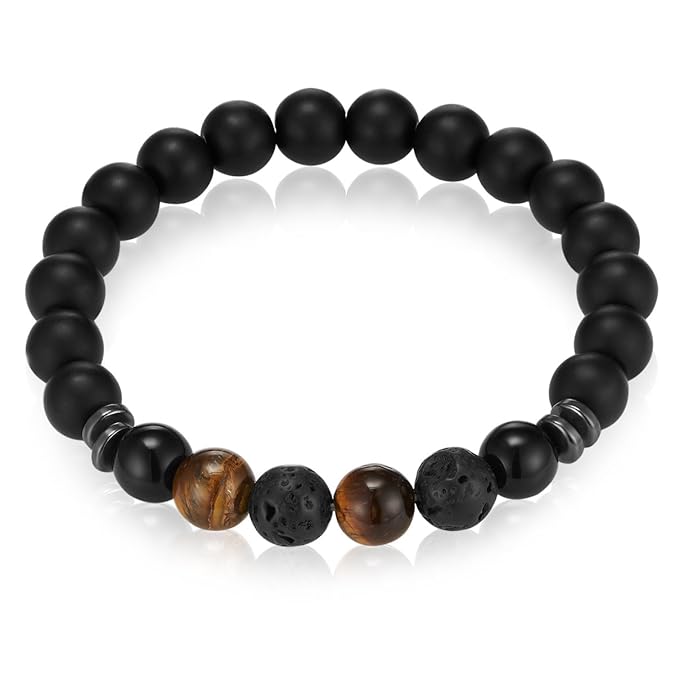 Gemdor Damen - Herren-Armband Onyx schwarz Tigerauge braun 16-21 cm - Naturstein-Perlen Chakra-Armbänder Tiger Freundschaftsa