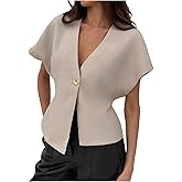 MakeMeChic Women's V Neck Blazer Top Single Button Short Sleeve Plain Office Suit Blazers