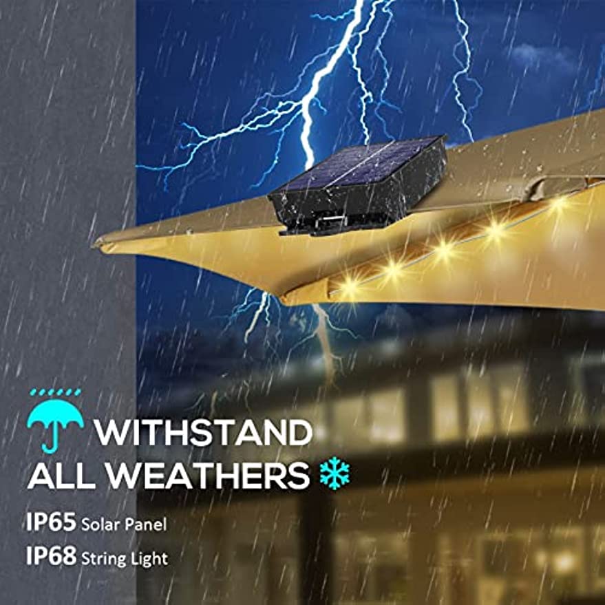 Solar Parasol Lights with Remote, Clip and Plug Stand, Garden Umbrella String Lights, Type-C Rechargeable Waterproof Umbrella Lights for Patio Garden Outdoor Decor, Warm White (1 Pack)
