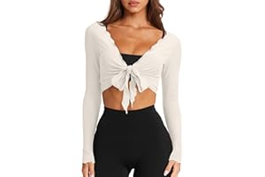 LASLULU Womens Tie Front Wrap Tops Long Sleeve Bolero Shrugs Crop Cardigan Yoga Ballet Cover up Tops Pilates Outfits