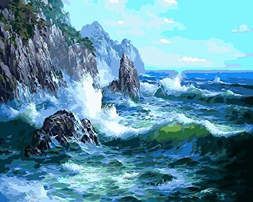 JOLOMOY Paint by Numbers Kits for Adults, DIY Digital Oil Painting by Number for Kids Beginner - Mountain Wave Sea Ocean 16X20 inch Number Painting (Framed)
