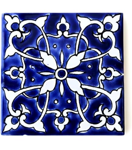 Set Of 9 Hand-Painted Spanish Ceramic Tiles – 4x4 Inch Mediterranean Decorative Tiles For Indoor/Outdoor – Glossy & Durable (Blue)