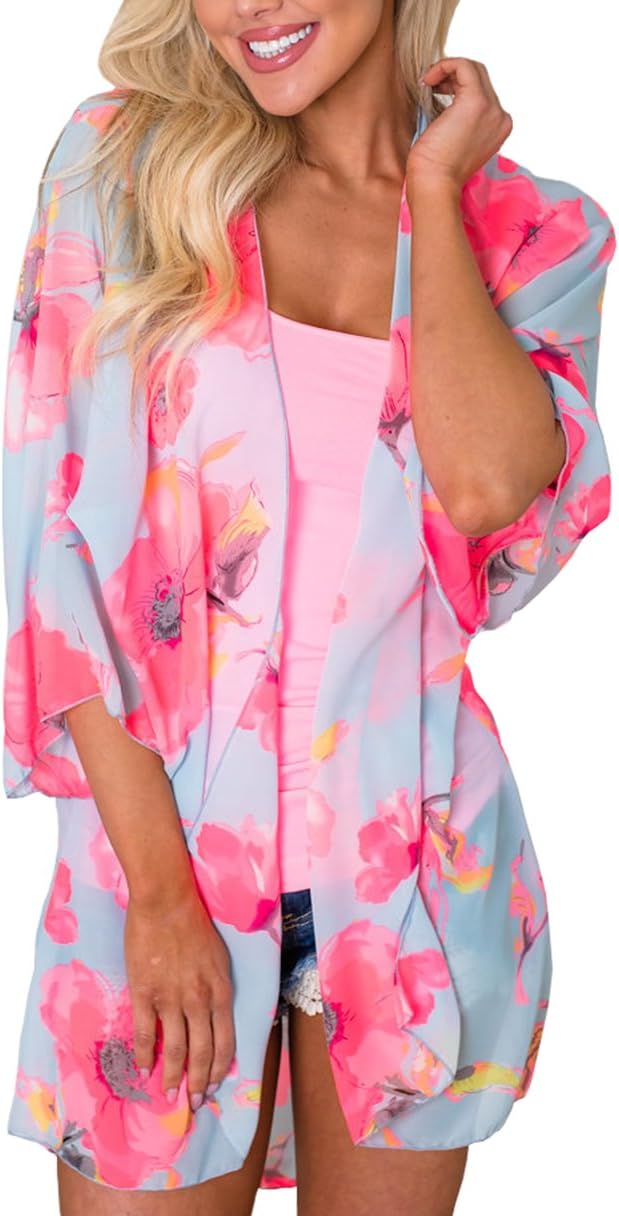 Floral Find Women's Floral Print Shawl Chiffon Kimono Summer Casual Loose Fit Cardigan
