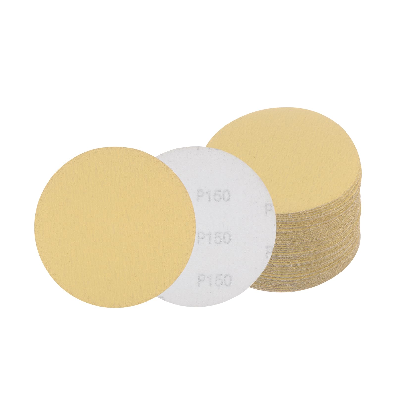 Kozelo 50pcs No Hole Sanding Discs- [ 5 Inch 150 Grit ] Round Hook and Loop Grip Sanding Pads Sheet Sandpaper for Automotive Woodworking Metal Polishing Use| Gold, Aluminum Oxide