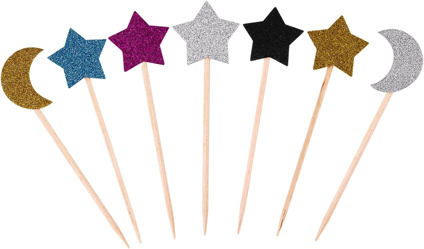 35 Pieces glitter sparkling wedding cupcake toppers multicolor moon star Birthday Cupcake Toppers celebration decor cake Toppers Baby Shower for Birthday Cake Snack Decorations Picks Party Accessories