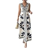 SOLY HUX Women's Summer Floral Maxi Dress V Neck Sleeveless A Line Flowy Vacation Long Dresses