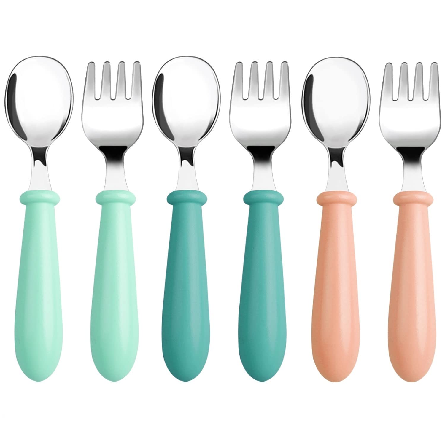 Photo 1 of Pimoys 6 Pieces Toddler Utensils Stainless Steel Baby Forks and Spoons Set Kids Silverware Children's Flatware Metal Cutlery Set with Round Handle, 3 x Cute Forks,3 x Children Spoons