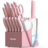 Astercook Knife Set, Kitchen Knives Set with Block and Sharpener 15 Pcs German Stainless Steel Sharp Blade Dishwasher Safe with Ergonomic Handle, Crystal Pink