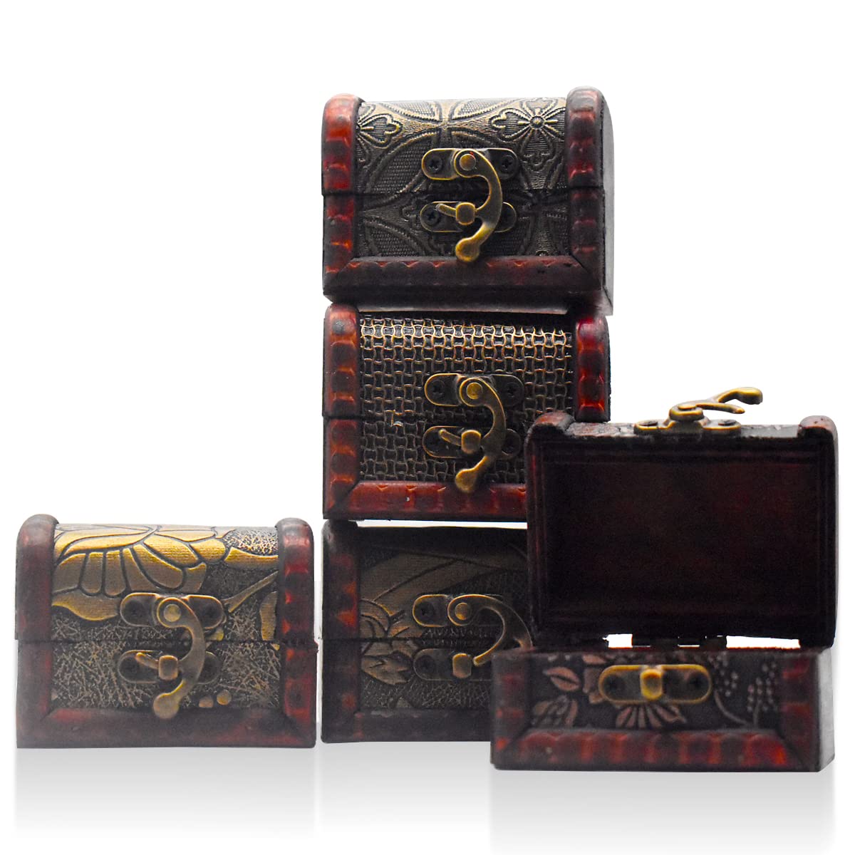 Forreen Treasure Chest Small, 5 Pieces Wooden Chest with Lid Vintage Pirate Antique Design Multifunctional Jewellery Box for Girls Ladies Women Home Decorations,Random Set