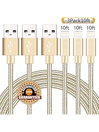 Suanna iPhone Cable 3Pack 10FT Nylon Braided Certified Lightning to USB iPhone Charger Cord for iPhone 7 Plus 6S 6 SE 5S 5C 5, iPad 2 3 4 Mini Air Pro, iPod Nano 7 - Gold