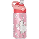 Kigai Cute Bunny Rabbit Kids Water Bottle, Insulated Stainless Steel Water Bottles with Straw Lid, 12 oz BPA-Free Leakproof Duck Mouth Tumbler for Boys Girls