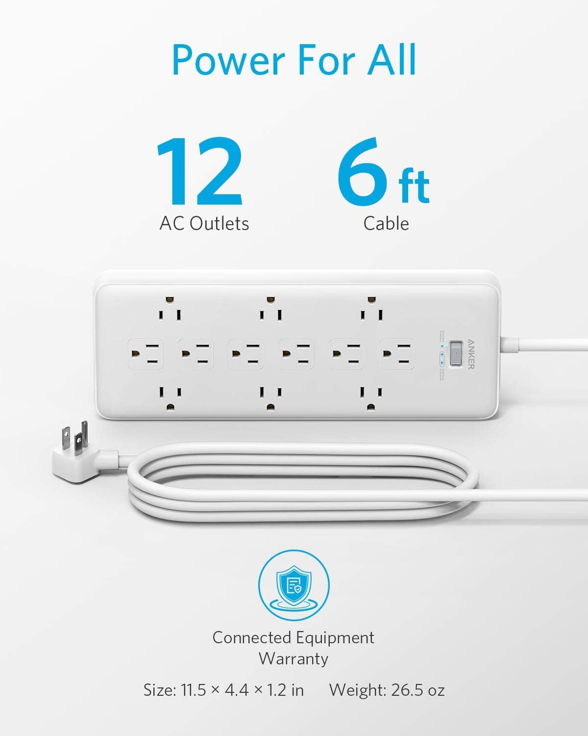 Anker Power Strip Surge Protector (2 × 4000 Joules), PowerExtend Strip 12 Outlets with Flat Plug, 1875W Output, 6ft Extension Cord, Dual Surge Protection for Office, Home: Electronics