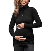 Bhome Maternity Shirt Casual Long Sleeve Half Button Front Lightweight Sweatshirts Slim Fit Pullover Tops with Pockets
