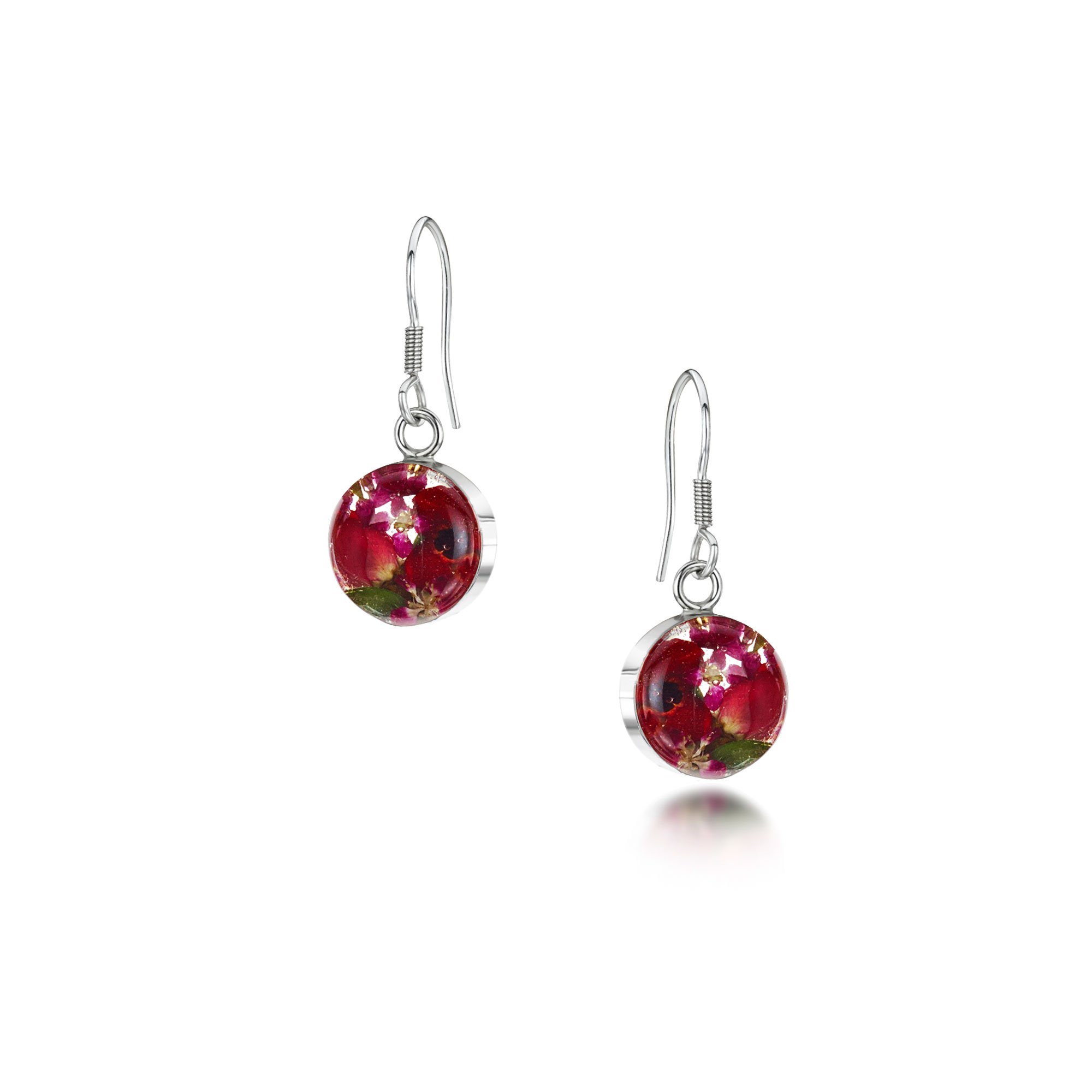 Shrieking Violet 925 Sterling Silver Round Real Flower Drop Earrings - Assorted Flowers (Red)