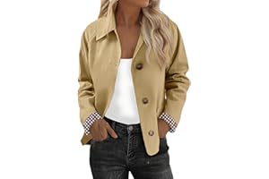 CFDRFGH Womens Cropped Trench Coat Classic Collar Plaid Lightweight Oversized Casual Jackets with Checkered Lining