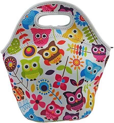 Neoprene Insulated Owl Lunch Bag Tote with Zipper, for Women, Girls, Kids, Large, Lunch Box for School, Work - By Wonkey Brothers (Owls & Flowers)
