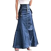 SOMTHRON Women's Retro Denim Skirt High Waist Bodycon A Line Flare Swing Ruffle Jean Long Maxi Skirt