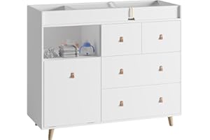 DAWNSPACES Baby Changing Table Nursery Dresser with Drawers, 45 Inch Hidden Trash Storage,Changing Station,Storage Dresser Chest for Infant, White