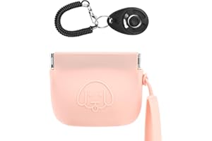 WALLFID Silicone Dog Treat Pouch Small Bag,Auto Closure,with Pet Training Clicker,Walking Bag for Dog and Cat,Pocket Size,Easy to Clean,Odorless,Travel Walking Bag (Pink)