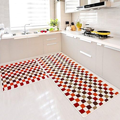 MustHome Mosaic Pattern 2 Piece Kitchen Rugs Set Non Slip Latex Backing Kitchen Mat 17"x23"+17"x47" (Red)