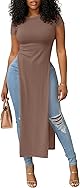 OPOIPIN Women's Crew Neck Split Slit Hem Short Sleeve Slim Fit Tee Top Long Shirt Tunic