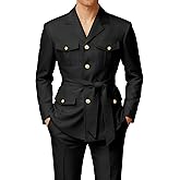 Wangyue 2 Piece Safari Suits for Men Slim Fit Men's Chinese Suit Single Breasted Vintage Suit Multi-Pocket Blazer Pants Set