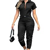 Women's Short Sleeve Cargo Jumpsuit, Black Belted Romper with Pockets, Casual Zipper Front