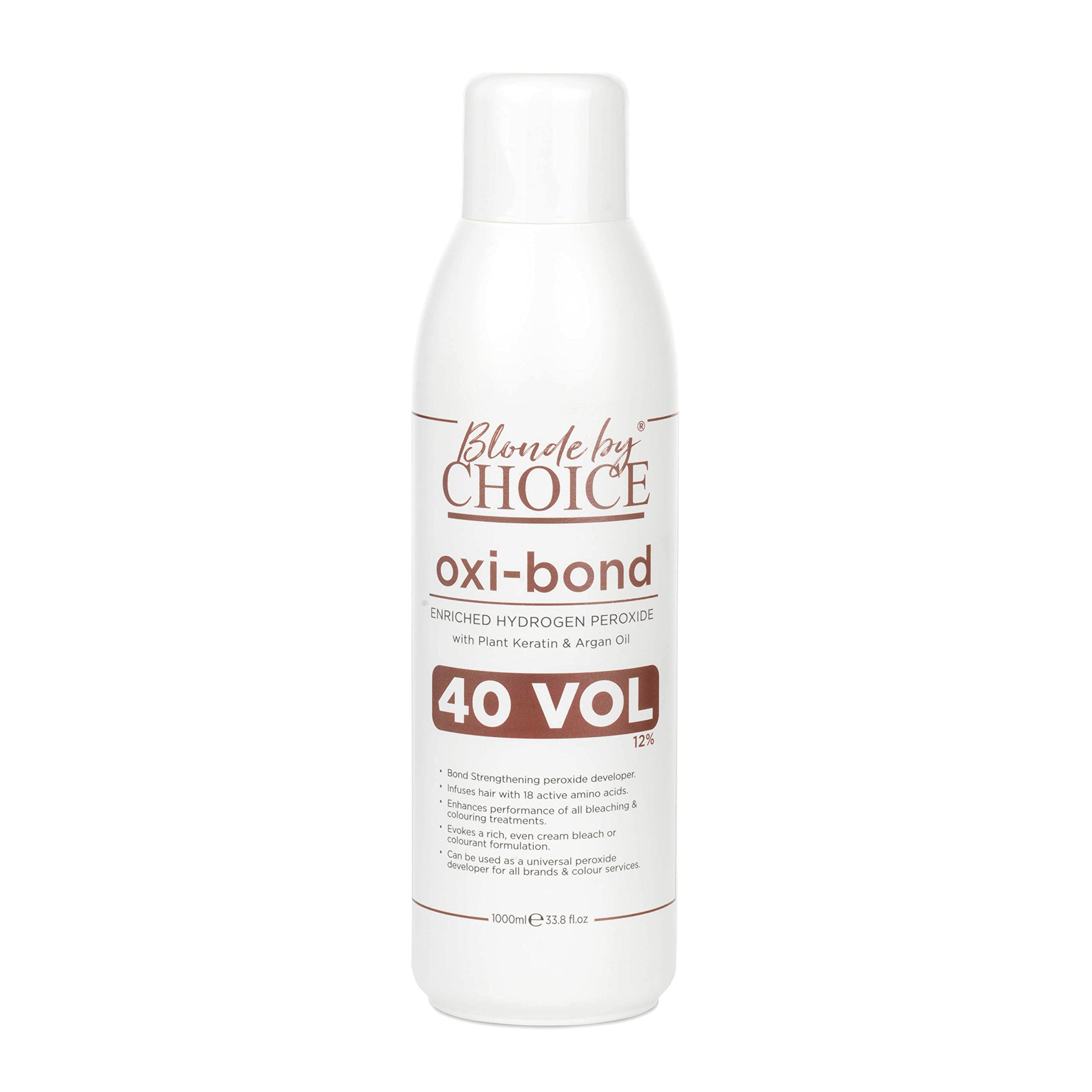 Blonde By Choice Oxi-bond 40 Vol Developer Enriched 12% Hydrogen Peroxide with Keratin, Argan Oil & Amino Acids. Mix Hair Bleach Powder And Peroxide to Improve Hair Colouring or Bleaching 1000ml
