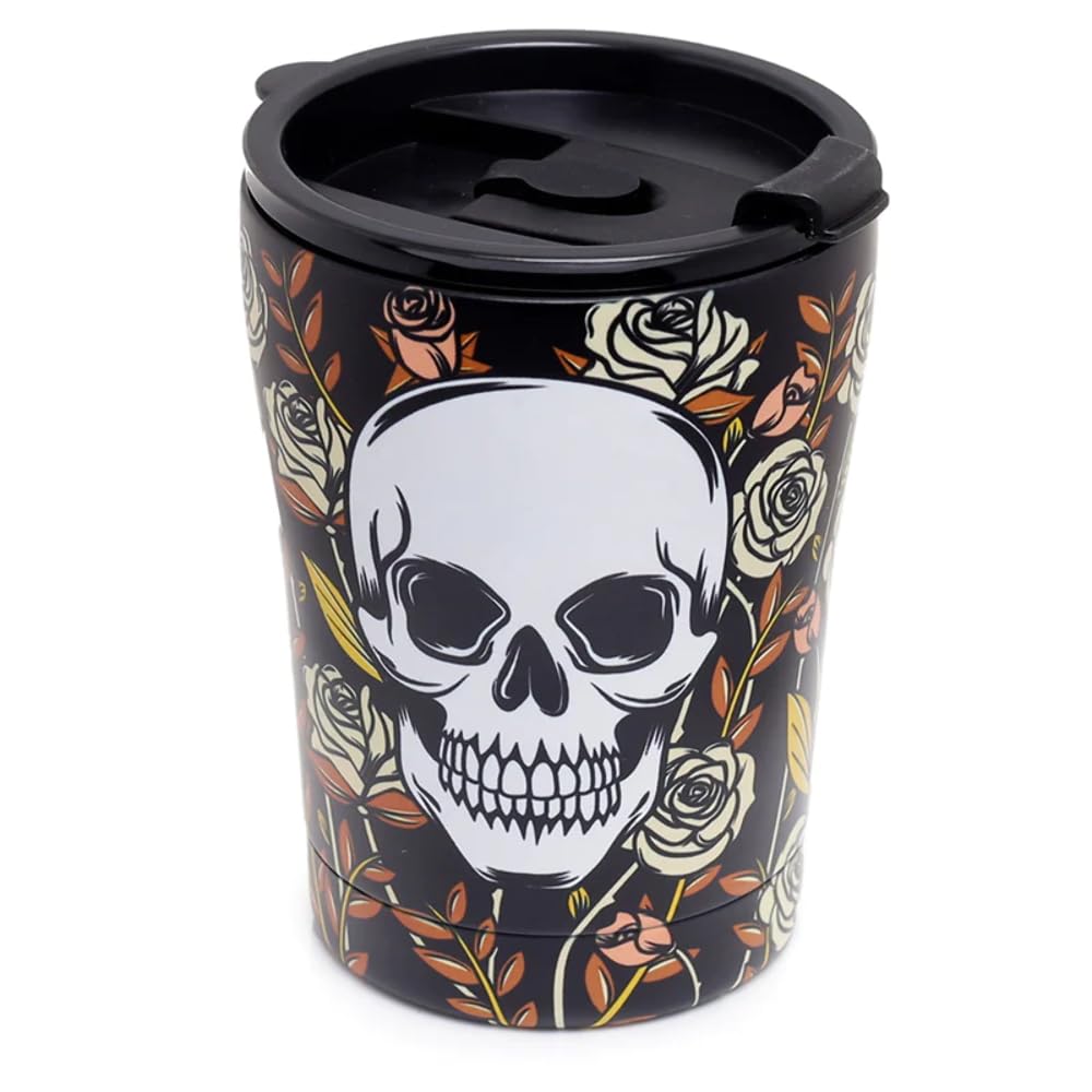Puckator Skulls & Roses Reusable Stainless Steel Hot & Cold Thermal Insulated Food & Drink Cup 300ml - Travel Mug - Tumbler with Straw and Lid - Insulated Bubba Cup - Thermal Drink Bottle