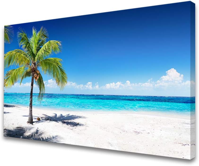 Baisuart-S03969 Large Canvas Wall Art Summer Ocean Waves Prints Coconut Trees on Sands Beach Seascape Painting Sea Nature Pictures Stretched and Framed for Living Room Home Office Wall Decor Artwork