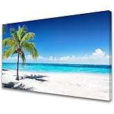 Baisuart-S03969 Large Canvas Wall Art Summer Ocean Waves Prints Coconut Trees on Sands Beach Seascape Painting Sea Nature Pictures Framed for Living Room Home Office Wall Decor Artwork