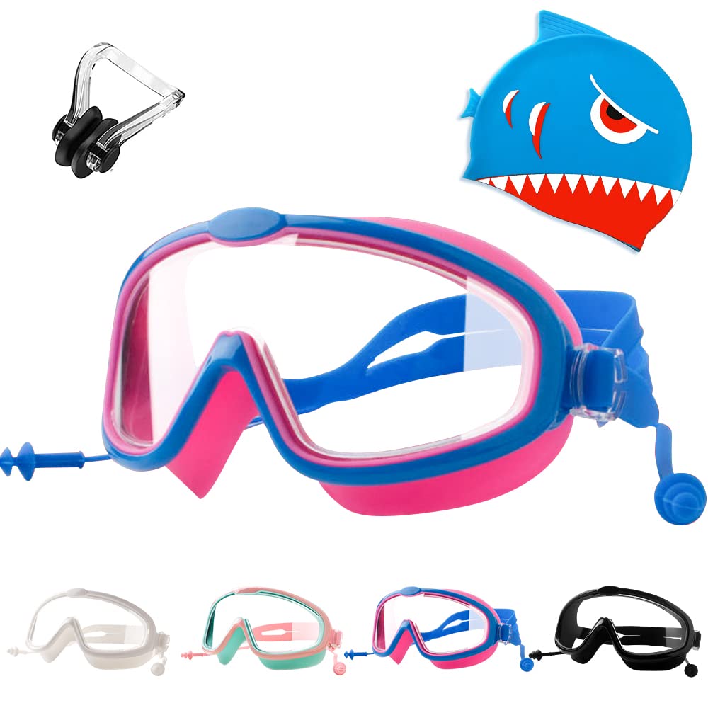Tyuodna Kids Swimming Goggles with Nose Clips and Ear Plugs, Anti-Fog, Waterproof, UV Protection (Blue-Red)