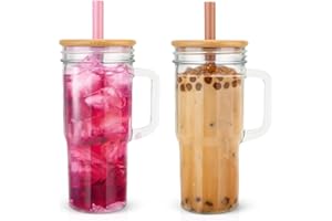 Luxfuel 24oz Wide Mouth Mason Jar Drinking Glasses Tumbler with Handle and Bamboo Lids,Reusable Glass Boba Tea Cup for Smoothie,Iced Coffee,Water,Juice,Kombucha- 2 Pack