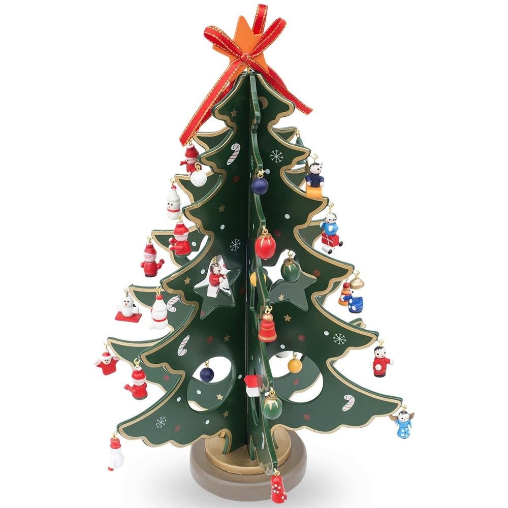 12.5" Wooden Tabletop Christmas Tree with 32 Miniature Christmas