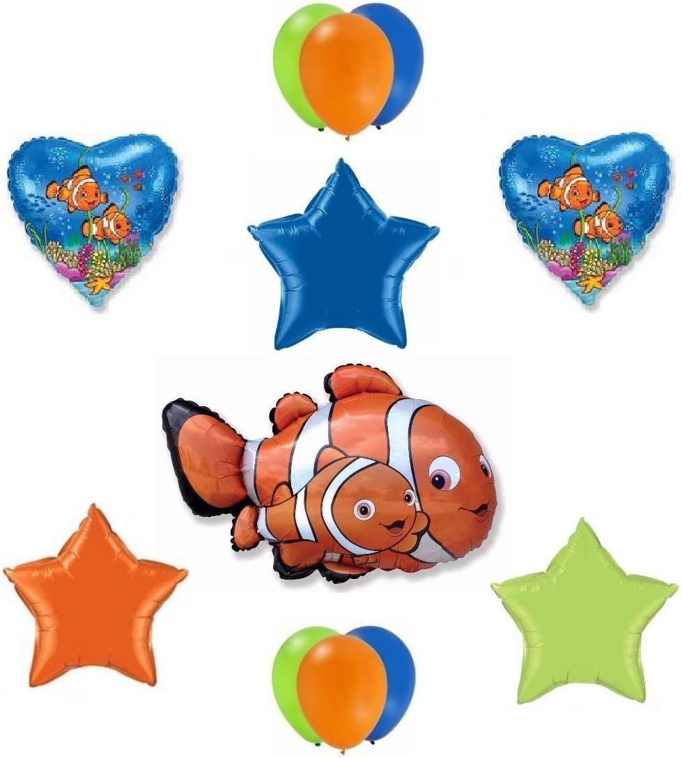 12 Piece FINDING NEMO Marlin Orange Black Clown Fish Birthday Party Latex and Mylar Balloons Set